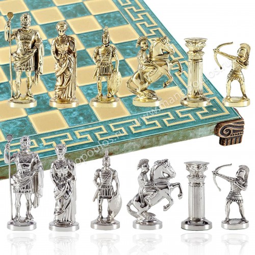 Шахматный набор "Лучники Античные войны" патиновая доска орнамент 28x28 см, фигуры золото-серебро