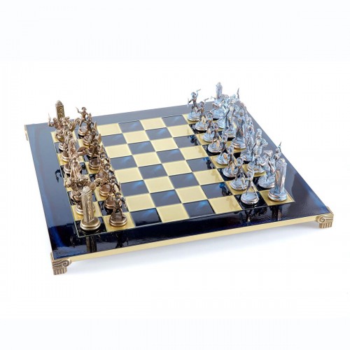 Шахматный набор "Греческая Мифология" синяя доска 54x54 см, фигуры бронза-патина