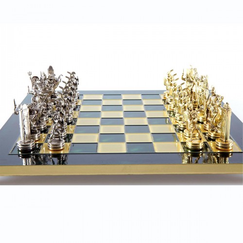 Шахматный набор "Греческая Мифология" зеленая доска 36x36 см, фигуры золото-серебро