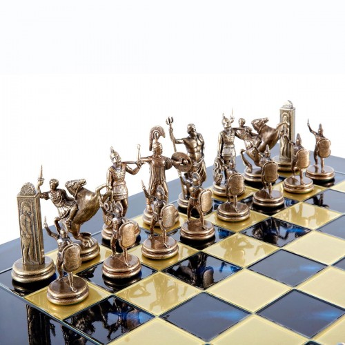 Шахматный набор "Греческая Мифология" синяя доска 36x36 см, фигуры бронза-патина