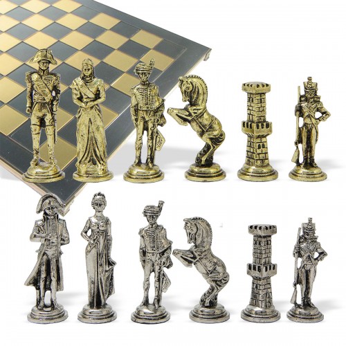 Шахматный набор "Отечественная война 1812 г." металлическая доска 38x38 см, фигуры золото-серебро 