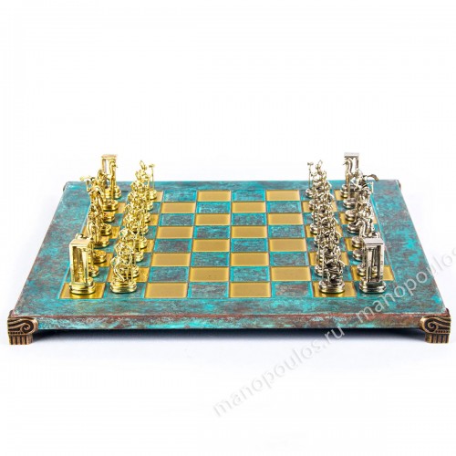 Шахматный набор "Минойский воин" патиновая доска 36x36 см, фигуры золото-серебро