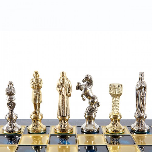 Шахматный набор "Ренессанс" синяя доска 36x36 см, фигуры золото-серебро