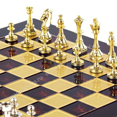 Шахматы турнирные "Стаунтон" красная доска 36x36 см, фигуры золото-серебро